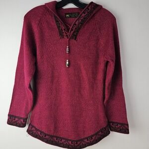 May R U Cusco Womens S Hoodie Sweater Scarlet Red Alpaca 100 Boho Tassel Llama‎